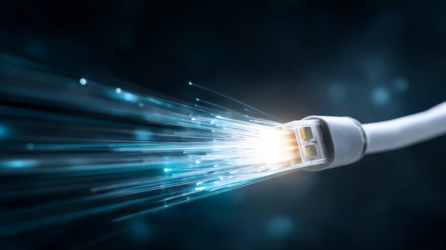 Network cable showing light streaks, symbolizing fast data transmission, digital communication, and internet technology