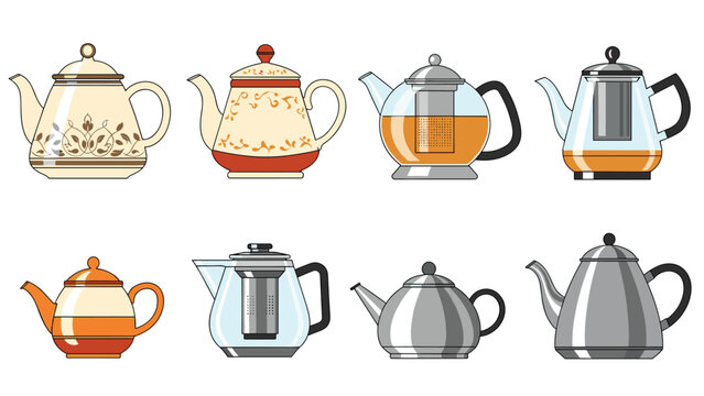 Assortment of different teapot styles including decorative ceramic pots and modern glass teapots with metal infusers for brewing various types of tea.