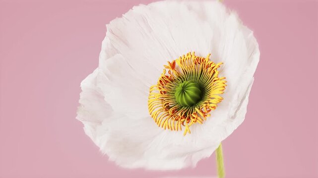 White Iceland poppy flower blooming on pink pastel background with dynamic motion blur, delicate petals opening revealing yellow stamens green pistil, minimalist trendy floral footage for design