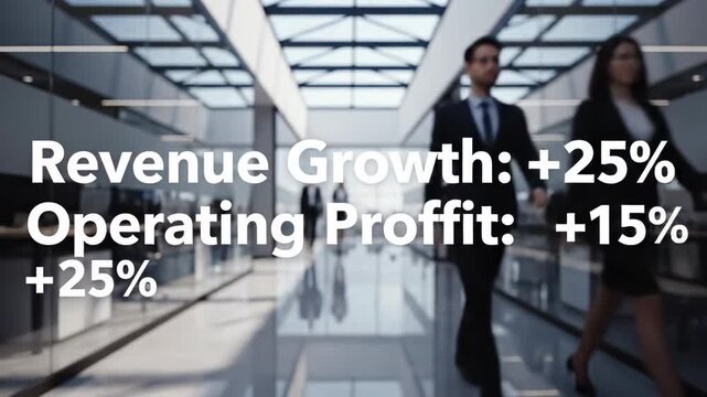 Successful business professionals stride purposefully through a contemporary corporate atrium, illuminated by soft overhead lighting, as financial projections for revenue gains and operational