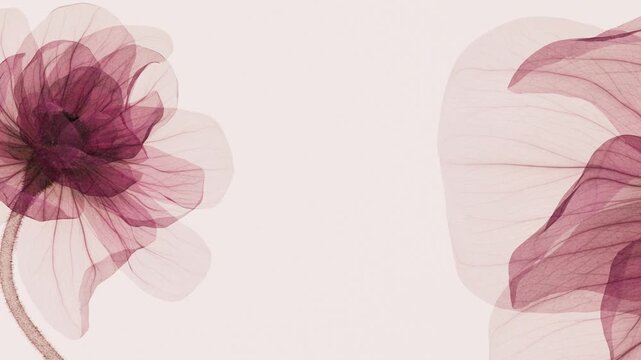 Two transparent burgundy pink flowers blooming on soft pastel pink background in x-ray style, pair of translucent petals with delicate veins opening, aesthetic vintage floral motion footage for design