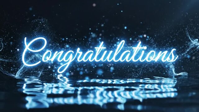 Blue neon congratulations sign reflecting in rippling water.