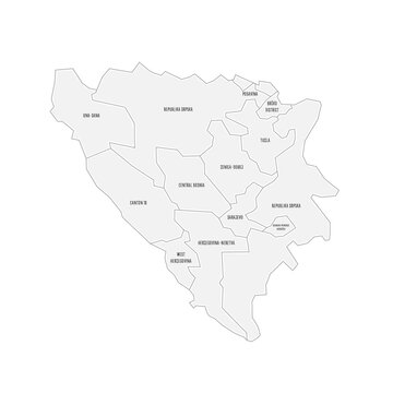 Bosnia and Herzegovina political map of administrative divisions - cantons of Federation of Bosnia and Herzegovina and Republika Srpska. Grey handdrawn doodle style map with black outline borders and
