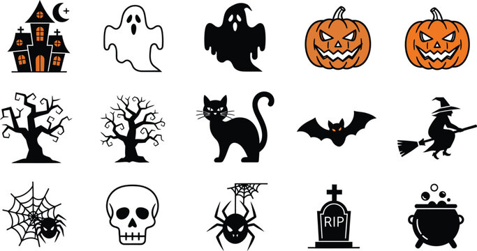 Halloween icons set haunted house ghost pumpkin witch spider and more isolated on transparent background