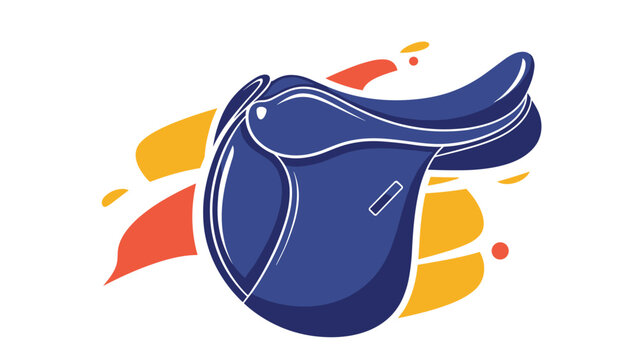 Modern illustration of a dark blue equestrian horse saddle against a background of vibrant orange and yellow abstract shapes on white.