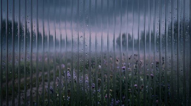 Raindrops on corrugated plastic obscuring a field of wildflowers and trees at dusk with raindrops corrugated wildflowers twilight