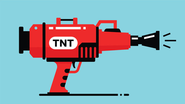 Red futuristic ray gun toy featuring the word TNT on its side and black accents against a bright blue background in a flat vector style.