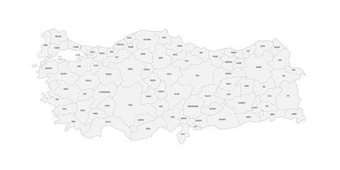 Obraz premium Turkey political map of administrative divisions - provinces. Grey handdrawn doodle style map with black outline borders and name labels.