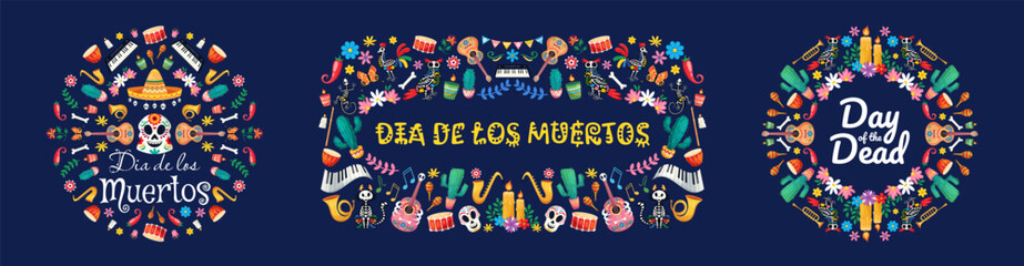 Fototapeta premium Vibrant dia de los muertos symbols with skulls and musical instruments