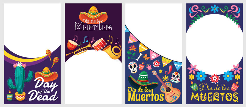 Colorful dia de los muertos banners with skulls and musical instruments