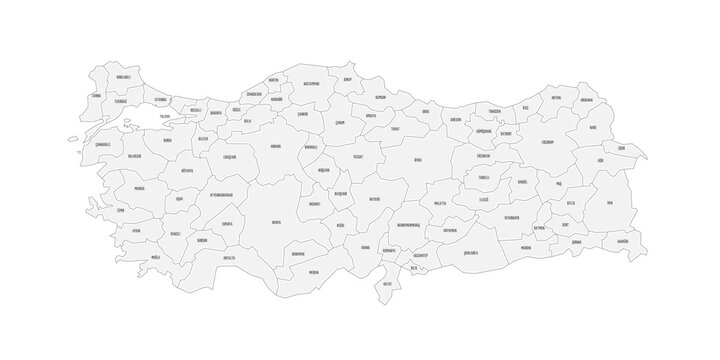 Turkey political map of administrative divisions - provinces. Grey handdrawn doodle style map with black outline borders and name labels.