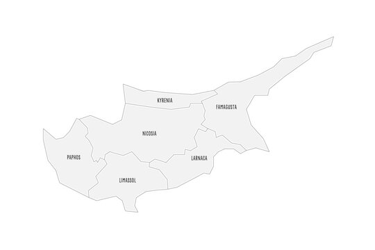 Cyprus political map of administrative divisions - districts. Grey handdrawn doodle style map with black outline borders and name labels.