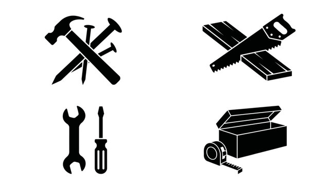 Carpenter Tools Silhouette Bundle Vector on White Background