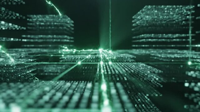 Glowing green light particles moving across a digital grid of data blocks representing modern cloud computing and network infrastructure