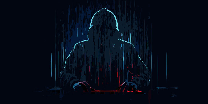 hooded figure silhouette at computer with digital code background