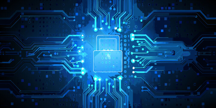 circuit board pattern with central microchip blue digital background