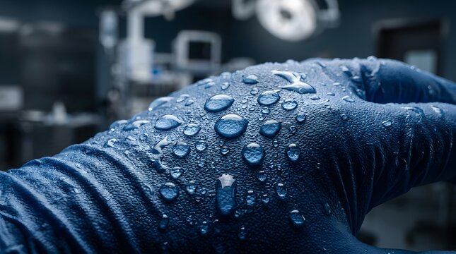 Blue nitrile glove with water droplets close up in laboratory setting