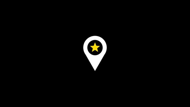 Map pointer icon with yellow star on black background, minimalist white location marker for favorite places and premium destinations navigation 4k loop.