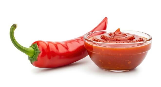 Fresh red chili pepper and a bowl of hot spicy chili sauce isolated on white background
