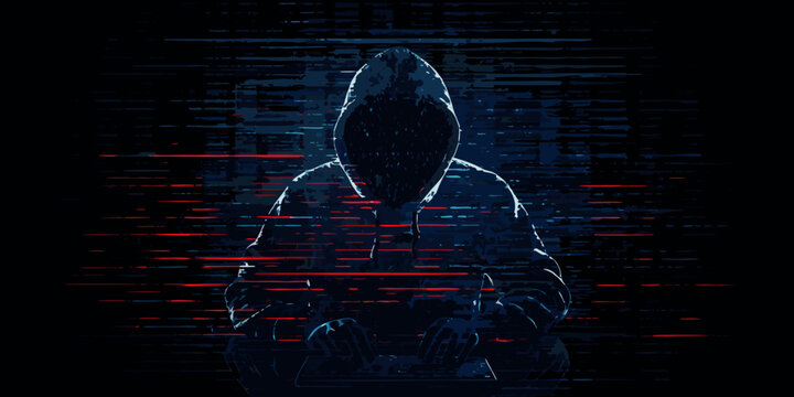 hooded figure at computer with glitch effect digital illustration