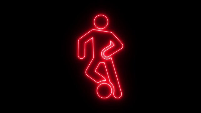 neon football player icon animation on black background, glowing red soccer symbol motion graphics in 4k. goal calibration icon  animation video.