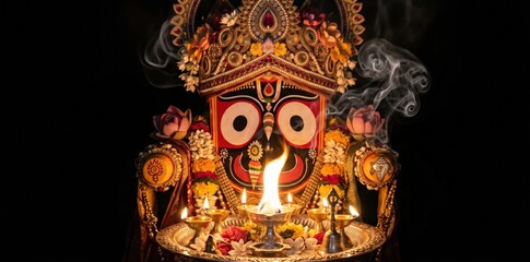 Obraz premium Lord Jagannath Maha Aarti Portrait – Sacred Camphor Flame Glow