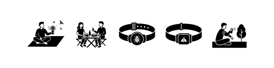 Set of black icons illustrating various insect protection methods including repellent sprays, electronic bands, and handheld devices for outdoor activities and dining. © Nort Kor