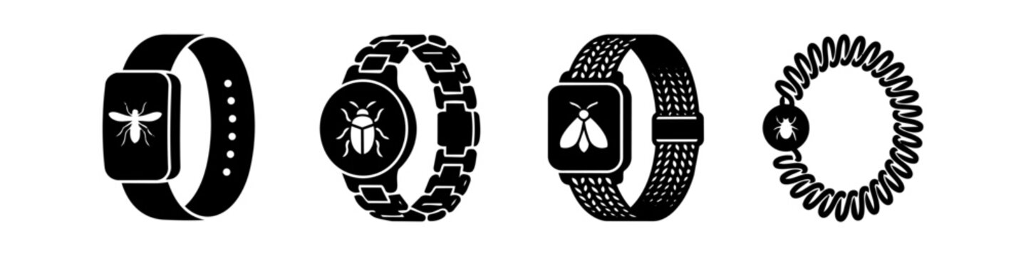 Set of vector icons for wearable insect repellent bands and bracelets, featuring different styles like silicone, links, braided, and spiral with various bug symbols on a white background.