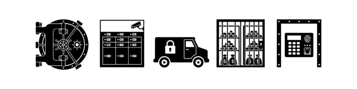 Professional bank security icon set featuring vault door, deposit boxes, armored van, gold bars in cage, and biometric access control. Perfect for financial and high-security concepts.