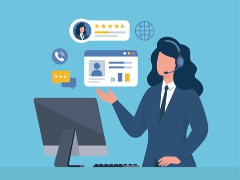 Female customer service agent managing online support, Customer Service, Online Dashboard, User Ratings, Multi-channel Communication, Global Reach