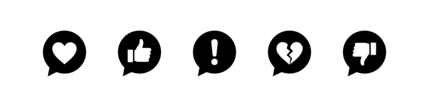 Minimalist set of black social media reaction icons in speech bubbles featuring heart, like, alert, broken heart, and dislike symbols. Flat vector web UI elements isolated on white background.