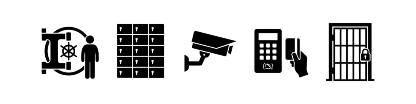 A collection of five security icons: bank vault with person, safety deposit boxes, CCTV camera, card access keypad, and a prison door. Ideal for finance, safety, and security concepts.