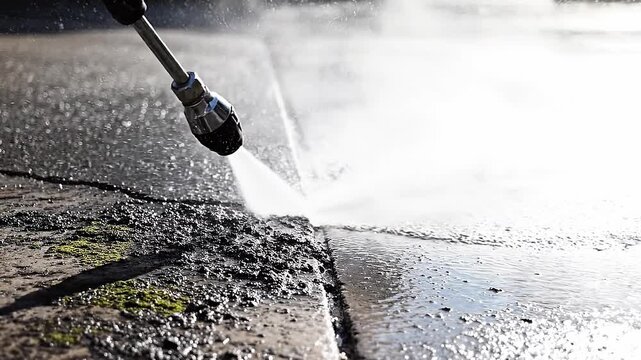 High pressure water cleaning moss and dirt from concrete. This shows effective restoration and maintenance during a sunny day. Ideal for professional cleaning or home improvement services.