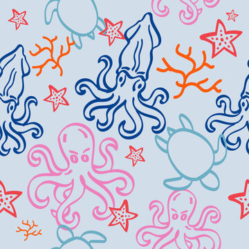 Ocean life doodle vector print. Seamless pattern with pink octopus, blue squid and corals for nursery decor.