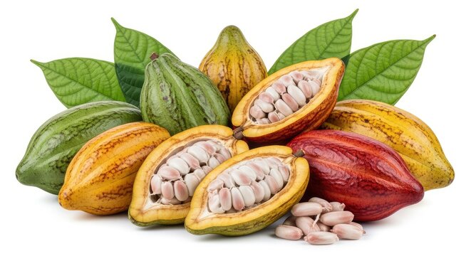 Fresh cocoa pods and beans with green leaves isolated on white background, collection of whole and cut cacao fruits