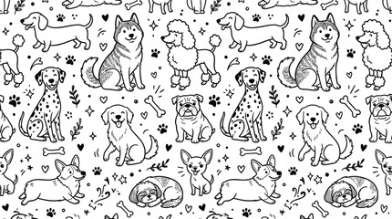 Cute Dog Breeds Seamless Pattern Vector Illustration Featuring Hand Drawn Sketched Puppies Poodle Corgi and Husky For Fabric Graphic Design Backdrop © Shamim