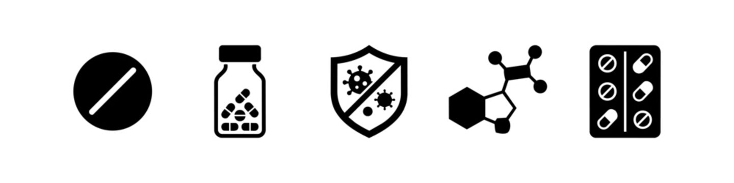 Set of five flat black medicine icons: round pill, bottle of capsules, immune system shield with virus, chemical molecule, and blister pack. Professional graphics for healthcare themes.