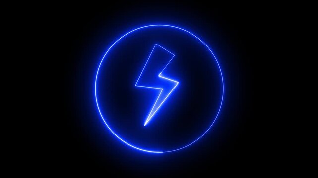 Neon lightning icon animation in neon circle icon. Glowing neon thunderbolt sign, looped animation. Thunder lightning, storm, electric energy, electricity charge. 4k videos