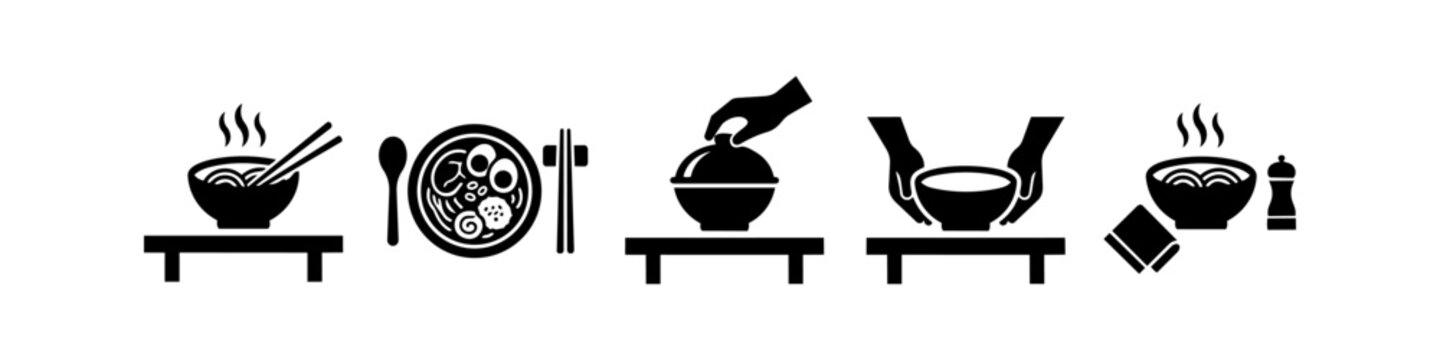 Vector set of black minimalist ramen and noodle soup icons representing food service, preparation, and dining etiquette with bowls, chopsticks, and hands on a white background.