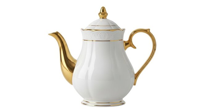 Elegant White Porcelain Teapot with Luxury Gold Accents Isolated on White Background