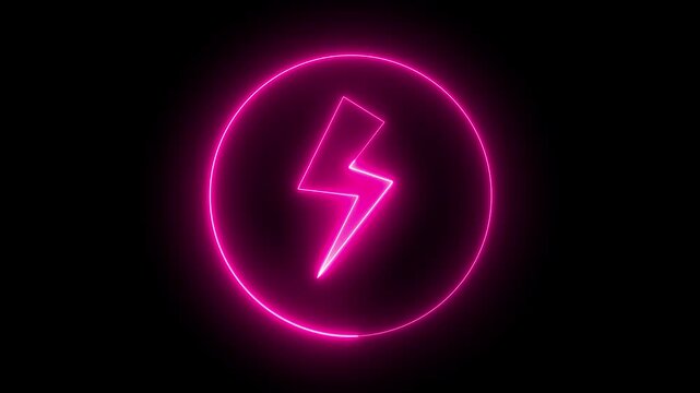 Neon lightning icon animation in neon circle icon. Glowing neon thunderbolt sign, looped animation. Thunder lightning, storm, electric energy, electricity charge. 4k videos