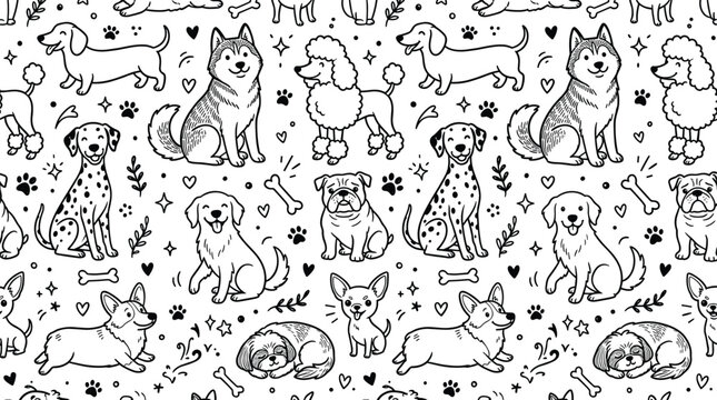 Cute Dog Breeds Seamless Pattern Vector Illustration Featuring Hand Drawn Sketched Puppies Poodle Corgi and Husky For Fabric Graphic Design Backdrop