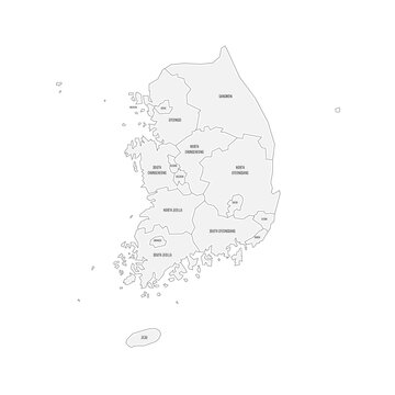 South Korea political map of administrative divisions - provinces, metropolitan cities, special city of Seolu and special self-governing cities of Sejong. Grey handdrawn doodle style map with black