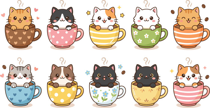 Cute Kawaii Cat in Teacup Vector Icon Set Featuring Various Adorable Kitten Characters Sitting in Coffee Mugs Isolated on White Background for Patterns