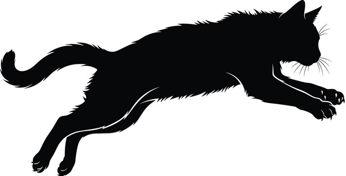 Black Cat Silhouette Vector Illustration of a Domestic Feline Jumping or Pouncing Isolated on White Background for Halloween Graphic Design Elements