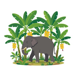 Naklejka premium Elephant walking in a lush jungle with banana trees and green foliage