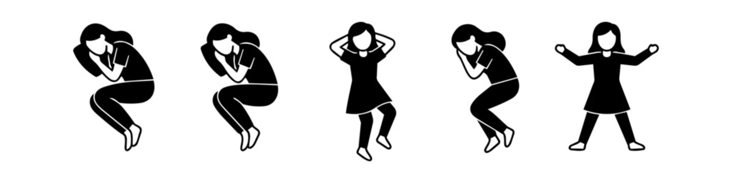 Set of minimalist black icons illustrating various female sleeping positions such as fetal, side, and back poses. Perfect for sleep health, wellness, and bedtime routine infographics.