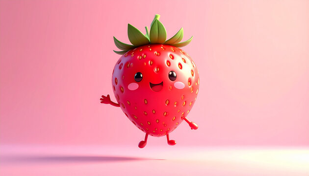 Cute Strawberry Cartoon Character On Pink Background