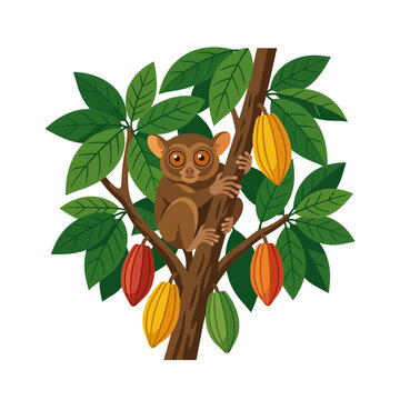 Tarsier monkey with cacao pods on tree branch, illustration