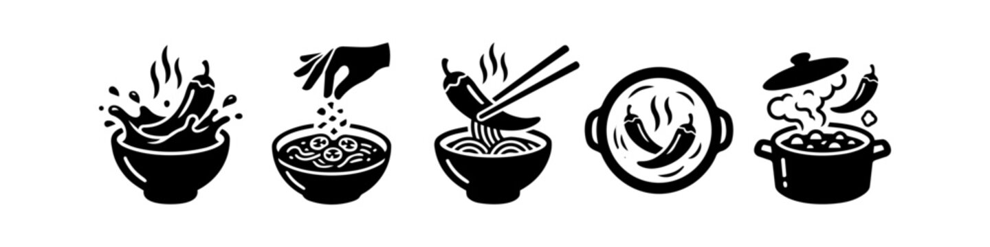Set of black and white vector icons representing spicy food cooking, featuring chili peppers, noodle bowls, steaming pots, and seasoning actions for hot and flavorful cuisine themes.